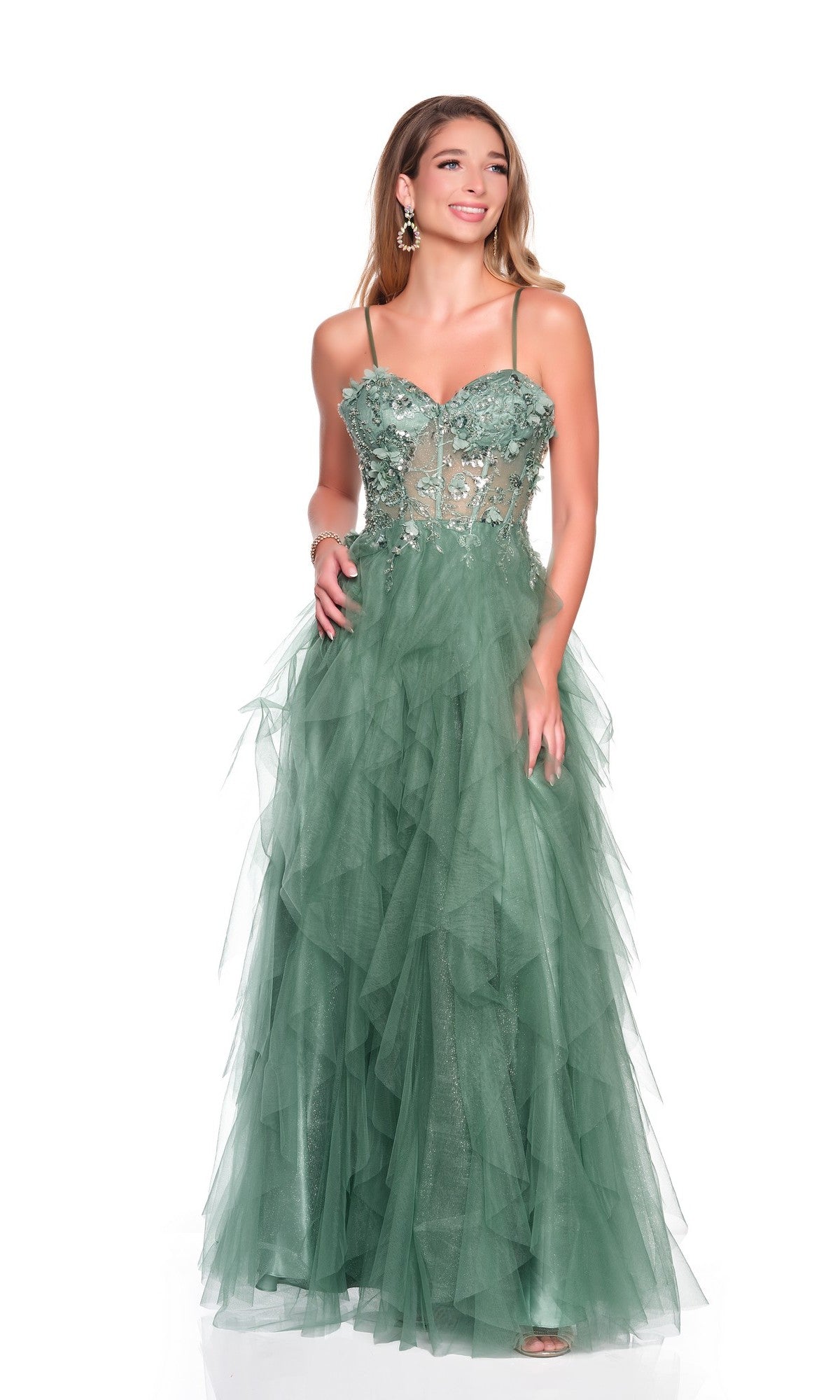A woman models the Long Prom Dress: Dave and Johnny 12705, featuring a green embellished corset bodice, thin straps, and an elegant ruffle tulle skirt against a white background.